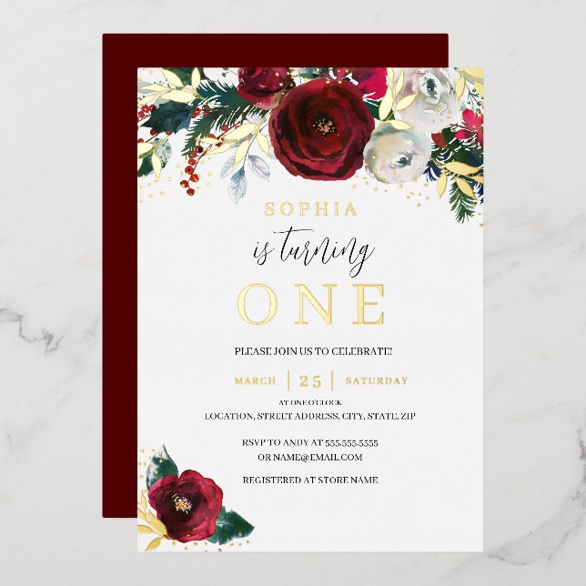 Christmas Red Gold Floral Girl 1st Birthday Gold  (Front/Back)