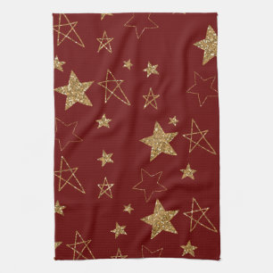 Christmas Red Gold Glitter Stars Tea Towel