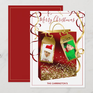 Christmas Red Gold Glitter Two Photo Holiday Card