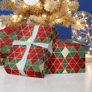 Christmas Red Gold Green Geometric Pattern Wrapping Paper