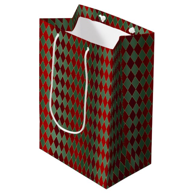 Christmas Red Gold Green Harlequin Medium Gift Bag (Front Angled)