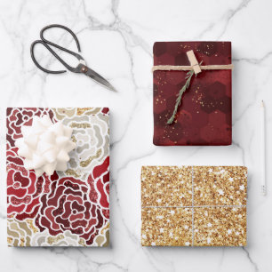 Christmas red gold luxury Glitter Pattern Wrapping Paper Sheet