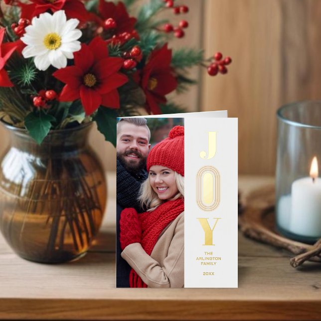 Christmas Red & Gold Original Oval Trend Joy Photo Foil Holiday Card (Christmas Red & Fake Gold Original Oval Trend Joy Quote Photo Holidays Cards with Envelope.)