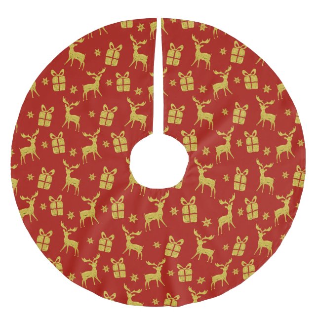 Christmas Red Gold Reindeer Xmas Present Snowflake Brushed Polyester Tree Skirt (Front)