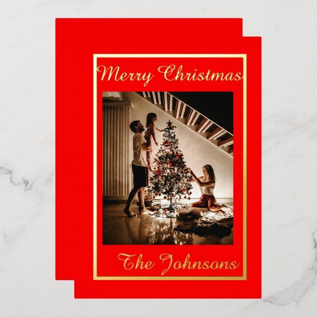 Christmas Red & Gold Simple Modern Photo  Foil Holiday Card (Front/Back)