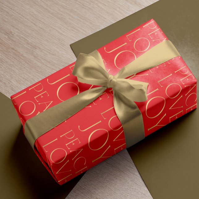 Christmas red gold typography Peace Love Joy Wrapping Paper (Creator Uploaded)