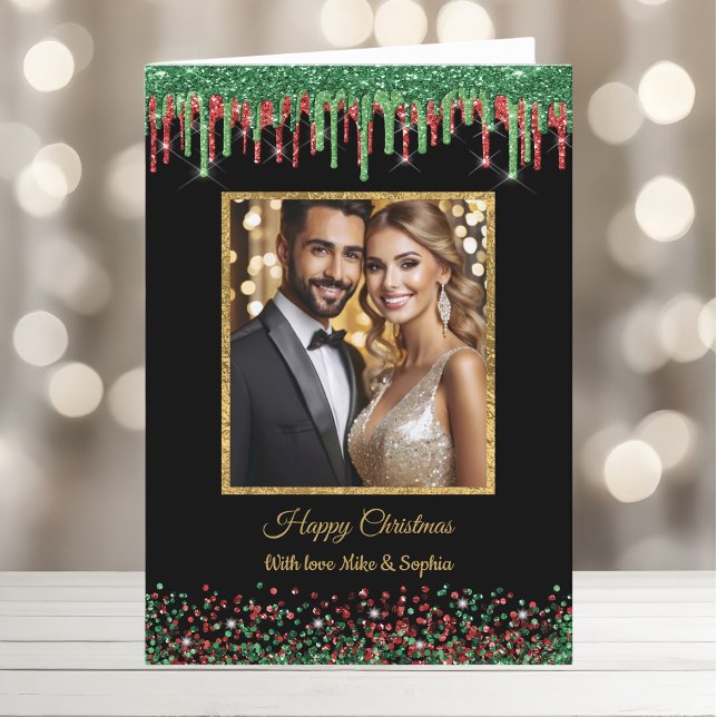 Christmas Red Green & Black Glam Glitter Dripping Holiday Card (Creator Uploaded)
