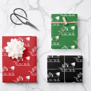 Christmas red green black white Santa sled pattern Wrapping Paper Sheet