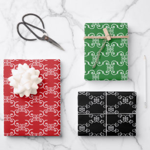 Christmas red green black white whimsical assorted wrapping paper sheet