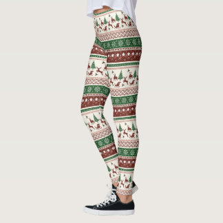 Christmas Red Green Champagne Snowflakes Reindeer Leggings