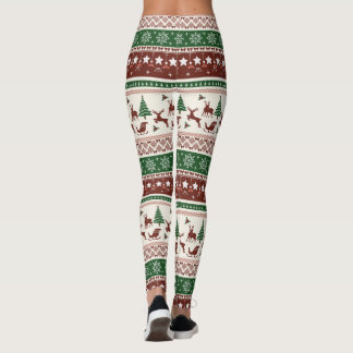Christmas Red Green Champagne Snowflakes Reindeer Leggings