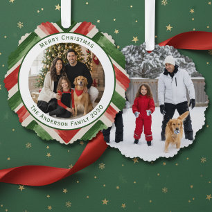Christmas Red Green Chevron Easy 2 Photos Tree Decoration Card