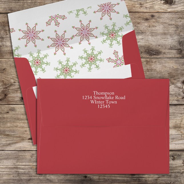 Christmas Red Green Colourful Cute Snowflakes  Envelope (Christmas holiday red and green envelope with return address on the envelope. )