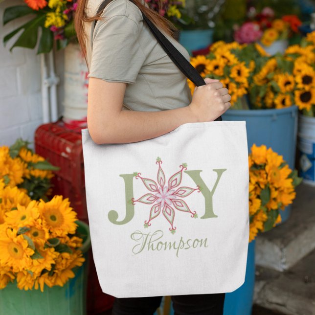 Christmas Red Green Festive Holiday Joy Typography Tote Bag (Christmas snowflake Joy typography tote bag)