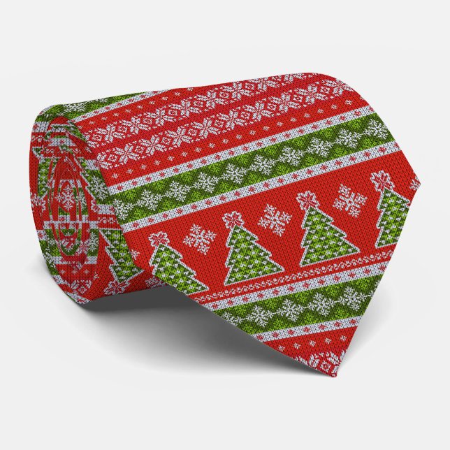 Christmas Red Green Geometric Pattern Holidays Tie (Rolled)