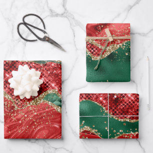Christmas Red Green Glitter Agate Wrapping Paper Sheet