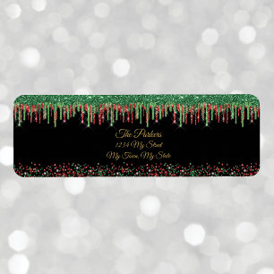 Christmas Red Green Glitter Dripping Black Glam Return Address Label