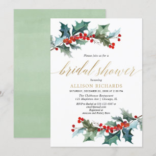 Christmas red green gold elegant bridal shower invitation