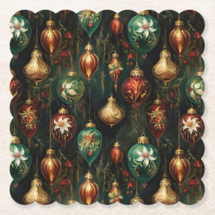 Christmas Red Green Gold Ornaments Paper Coaster