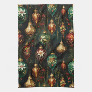 Christmas Red Green Gold Ornaments Tea Towel