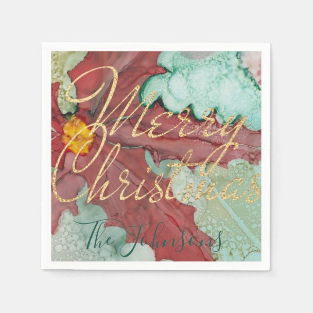 Christmas Red Green Gold Pointsettia Napkin (Front)