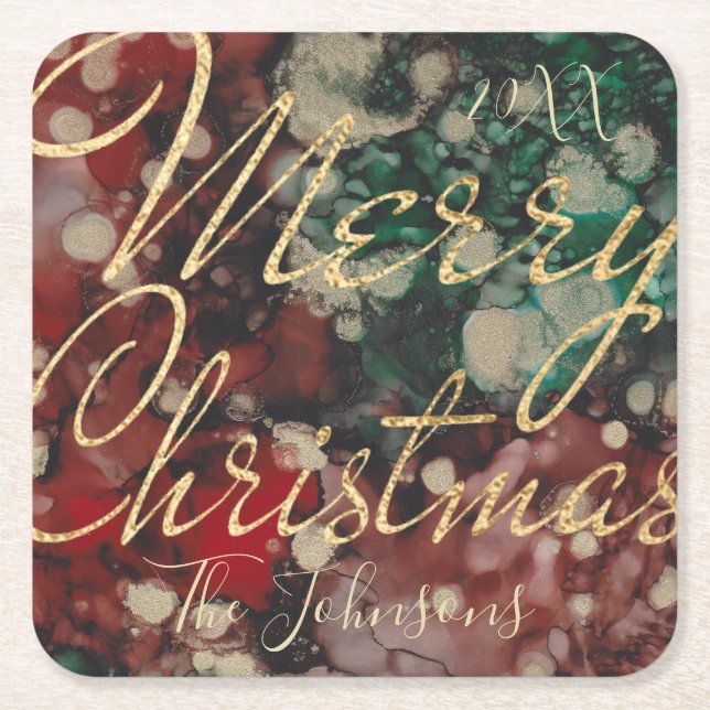 Christmas Red Green Gold Square Paper Coaster (Front)