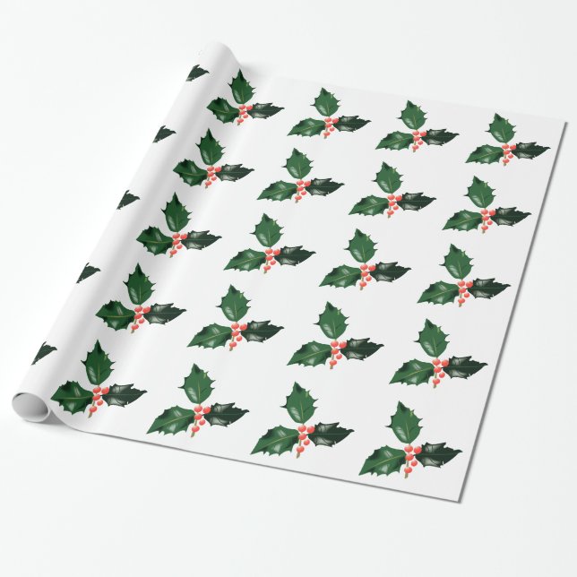 Christmas Red Green Holly Berries Xmas Holiday Wrapping Paper (Unrolled)