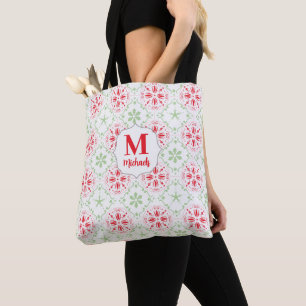 Christmas Red Green Monogram Holiday Pattern Tote Bag