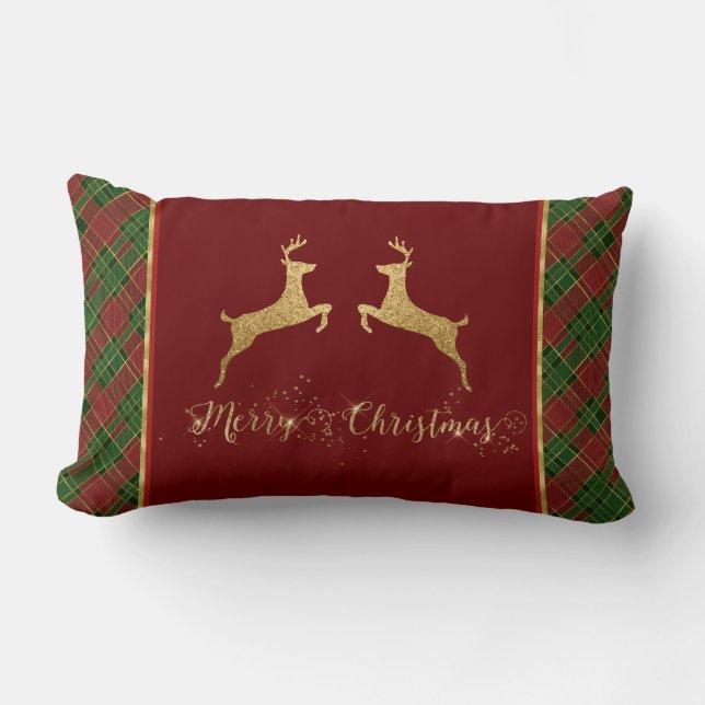 Christmas Red Green Plaid Gold Foil Deer Lumbar Cushion (Front)