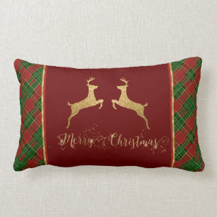 Christmas Red Green Plaid Gold Foil Deer Lumbar Cushion