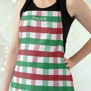 Christmas Red Green Plaid Personalised Name Cute Apron