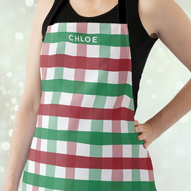 Christmas Red Green Plaid Personalised Name Cute Apron (Creator Uploaded)