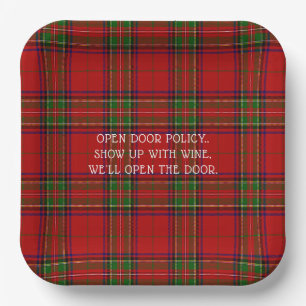 Christmas Red Green Plaid Show up with Wine Paper Plate