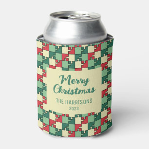 Christmas Red Green Puzzle Piece Geometric Can Cooler