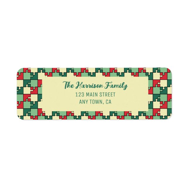 Christmas Red Green Puzzle Piece Geometric Return Address Label (Front)
