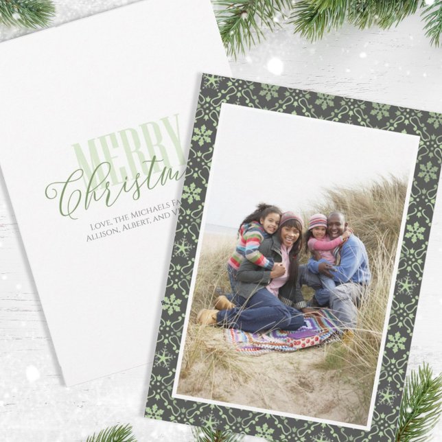 Christmas Red Green Snowflake Pattern 1 Photo Holiday Card (Creator Uploaded)