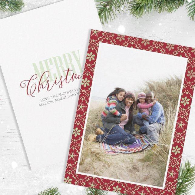 Christmas Red Green Snowflake Pattern 1 Photo Holiday Card (Creator Uploaded)