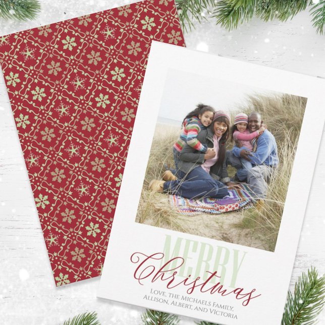 Christmas Red Green Snowflake Pattern Two Photo Ho Holiday Card (Creator Uploaded)