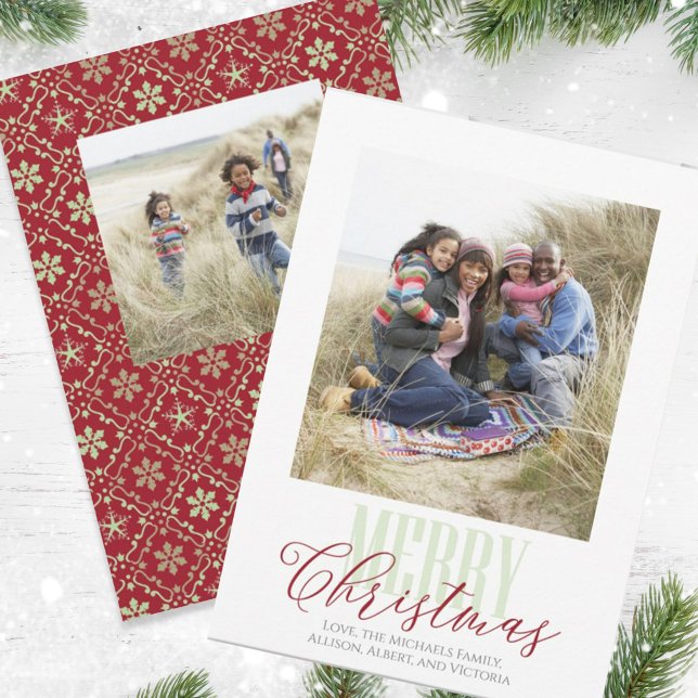 Christmas Red Green Snowflake Pattern Two Photo Holiday Card (Creator Uploaded)