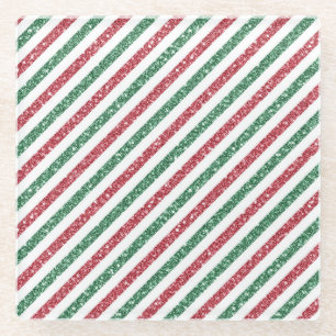 Christmas Red Green Stripes Glitter Glass Coaster