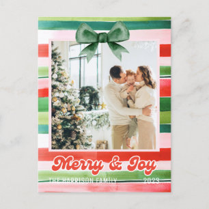 Christmas Red Green Stripes Merry & Joy Photo Postcard
