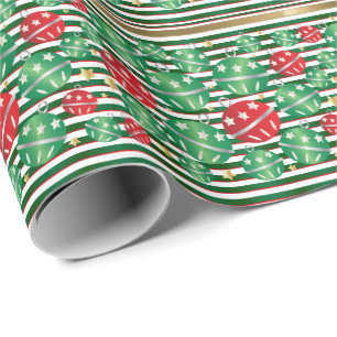 Christmas Red & Green Stripes & Ornaments Wrapping Paper