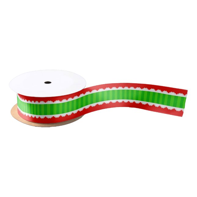 Christmas Red & Green Stripes White Lace Satin Ribbon (Spool)