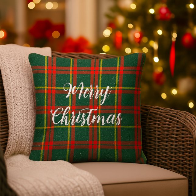 Christmas Red Green Tartan  Cushion (Red and green tartan porch or patio pillow with Merry Christmas  slogan. )
