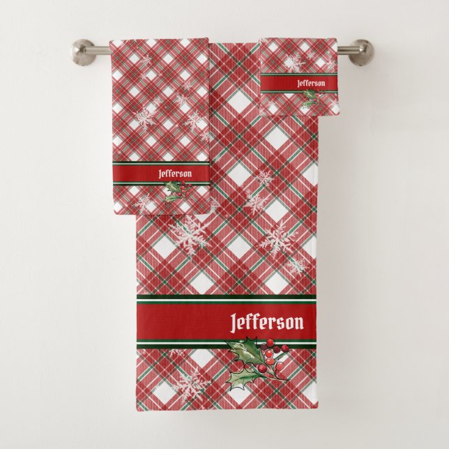 Christmas Red Green Tartan Plaid Name Template Bath Towel Set (Insitu)
