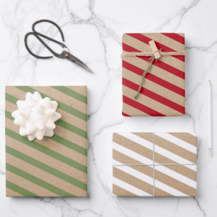 Christmas Red Green & White Stripes Rustic Kraft Wrapping Paper Sheet