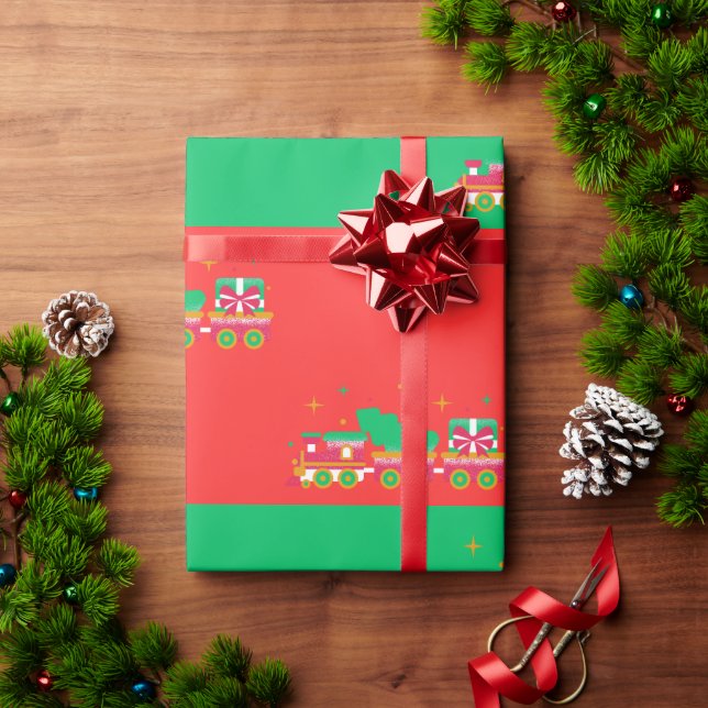 Christmas RED & GREEN With Trains. Santa Wrapping Paper (Holiday Gift)