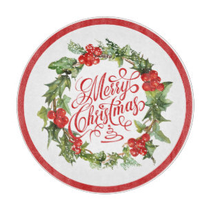 Christmas Red Green Wreath Holly Ivy Typography Cutting Board