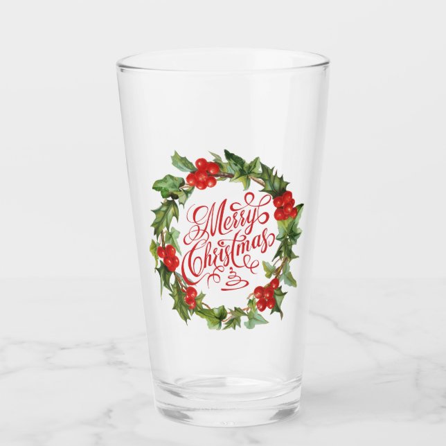 Christmas Red Green Wreath Holly Ivy Typography Glass (Front)