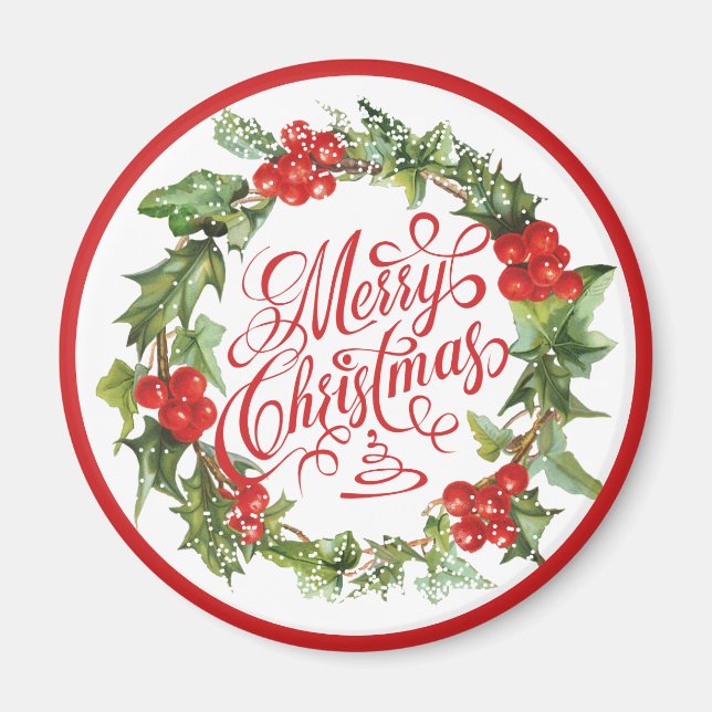 Christmas Red Green Wreath Holly Ivy Typography Magnet (Front)